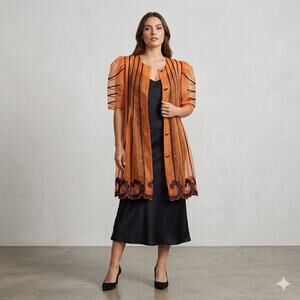 VTG Tuk Design Orange Sheer Organza Duster Coat Scalloped Hem Floral 18 Fits XL